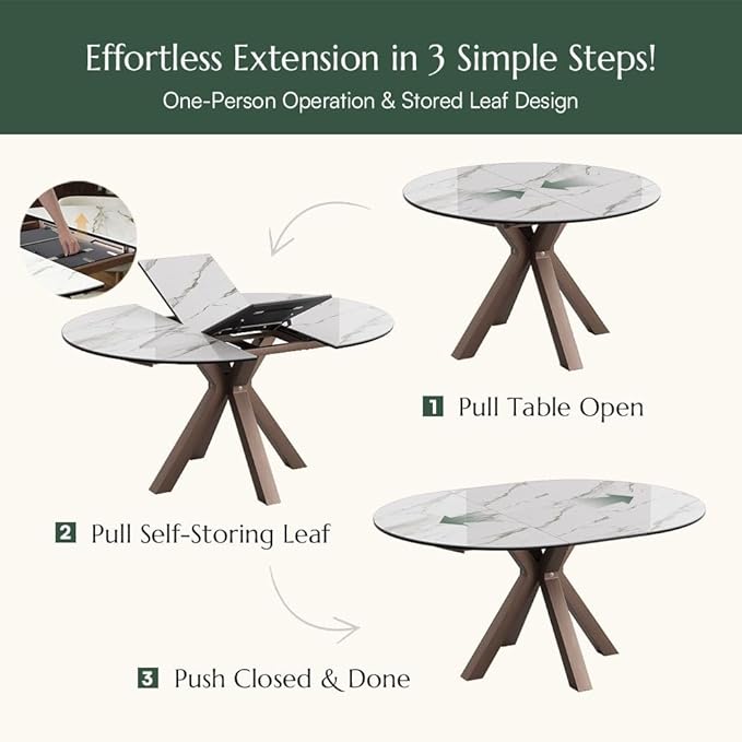 POVISON Modern Extendable Dining Table, 47" to 63" Round to Oval Sintered Stone Kitchen Table with Carbon Steel Pedestal Base for 4-6, White with Bronze(Table Only