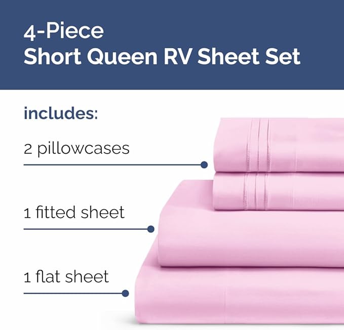 Short Queen Size 4 Piece Sheet Set - RV Short Queen, Ultra-Soft, Breathable & Cooling Bed Sheets Set w/ Deep Pockets - Hotel Luxury Bedding for Women & Men - Wrinkle Free & Fade Resistant - Light Pink