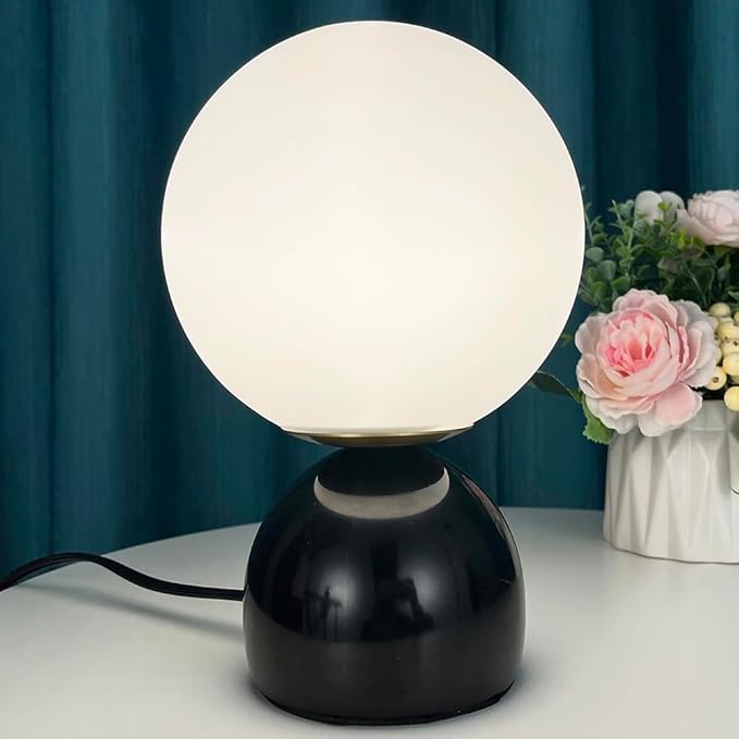 Meefad Globe Bedside Lamp, Modern Cute Night Light with Glass Shade, Marble Base, Small Table Lamp for Bedroom - Black