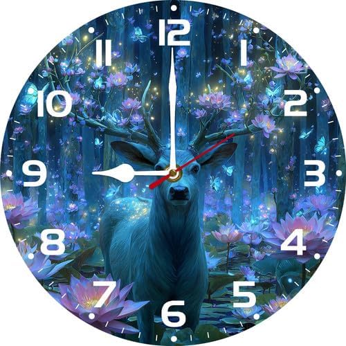 FemiaD Deer Wall Clock 10inch Silent Non-Ticking Battery Operated Quartz Round Wooden Wall Clock Decorative for Kitchen Bedroom Living Room Home Decor