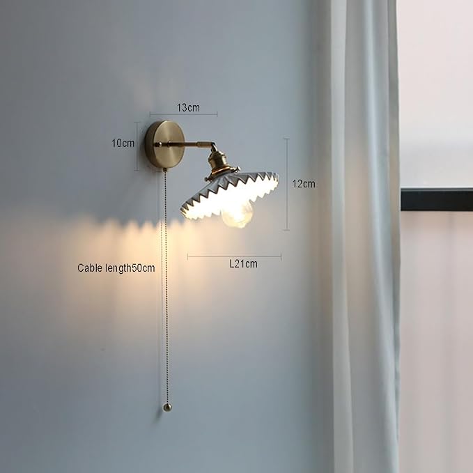 Adjustable Swing Arm Wall Lamp - Modern Walnut Base & Brass e, Retro Design with Pull Chain, Perfect for Bedroom & Living Room Lighting (White)