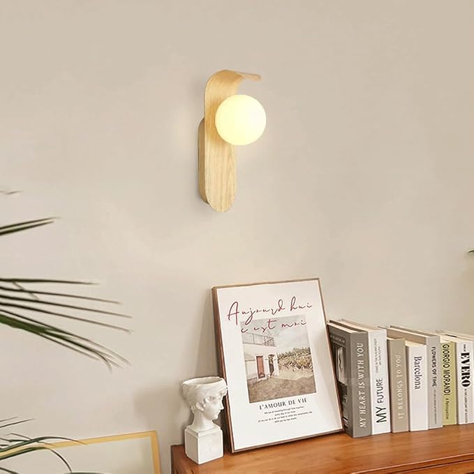 Mid Century Wall Sconce Walnut Texture Glass Globe Wall Lighting Wood Industrial Farmhouse Wall Light Bedside Indoor Retro Industrial Wall Mounted Lamp for Living Room Bedroom Bathroom