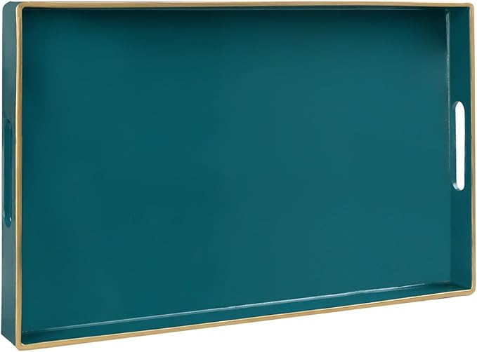 MAONAME Teal Serving Tray with Handles, Modern Decorative Tray for Coffee Table, Plastic Rectangular Trays for Ottoman, Bathroom, Decor, 15.8” x 10.2” x 1.4"
