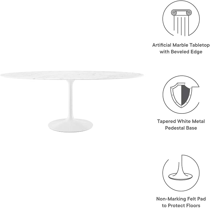 Modway Lippa 78" Oval-Shaped Mid-Century Modern Dining Table with Artificial Marble Top and White Base