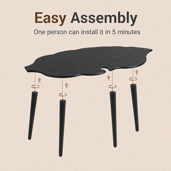DUOMAY Mid-Century Modern Small Coffee Table, Solid Leaf-Shaped Wood Coffee Table for Living Room, Easy Assembly Center Table End Table with Wood Leg, Side Table for Bedroom Small Space, Black