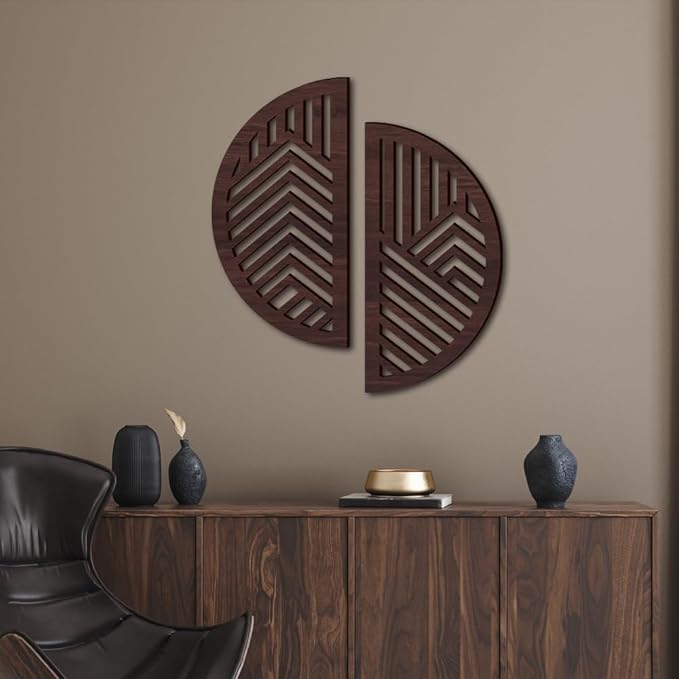 Hollow Round Wood Art Wall Decor, Modern Vintage Wooden Round Wall Sculptures, Half Round Wall Decor Hanging Abstract Panel 3D Geometric Wood Wall Art Decor for Home Office Living Room Bedroom (Brown)