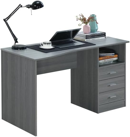 HomeStock Art Deco Dreams Classic Computer Desk with Multiple Drawers, Grey, Expansive Contoured Desktop, Three Drawers and Under Table Side Shelf for Storage, Heavy-Duty Particle Board