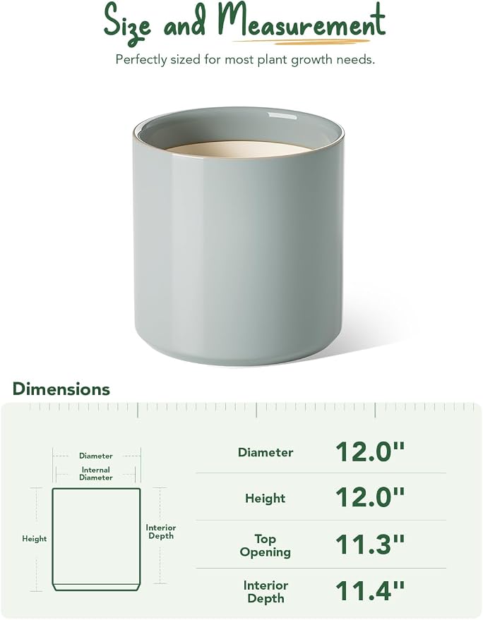 LE TAUCI 12 Inch Pot for Plants, Ceramic Planters for Indoor Plants, Mid-Century Modern Cylinder Flower Pots with Drainage Hole, Fits Fiddle Leaf Fig & Monstera, Home Decor, Mist Gray