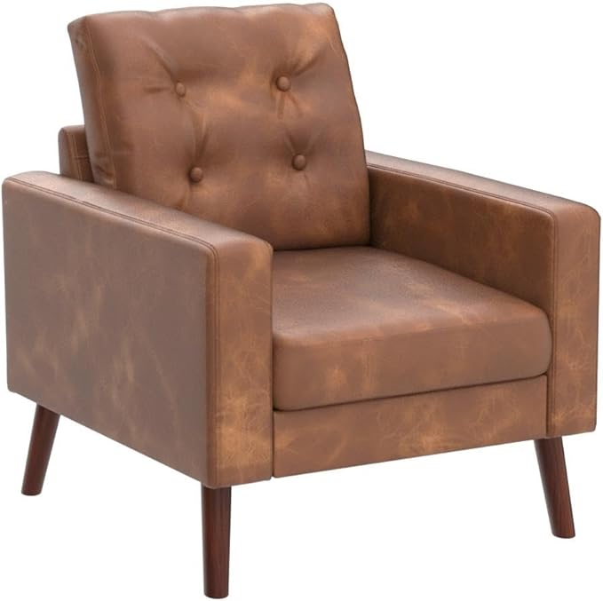 HNY Set of 2 Mid Century Modern Armchair, Button Tufted Faux Leather Accent Chair with Arm, Upholstered Club Chair for Living Room, Bedroom, Rubber Wood Legs, Caramel