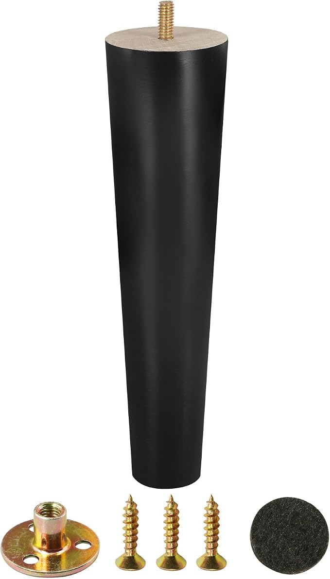 FoDau770 Black Rubber Wood Furniture Legs 10 Inches, 5/16" UNC Straight Tapered Wood Feet Mid Century Sofa Legs, Wooden Furniture Feet Replacement Parts for Cabinet Couch Dresser Chair Ottoman Table