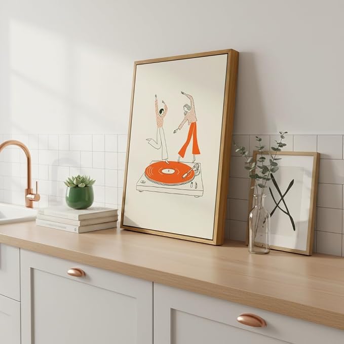 Floating Framed Funny Vinyl Record Canvas Wall Art, Dancing Girls Print Poster, Abstract Music Decor Picture, for Bar, Cafe, Kitchen, Dining Room, Restaurant, Home Decoration, 12x16in