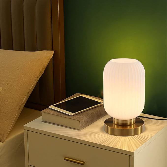 Modern Glass Table Lamp with Ribbed Shade, White, 10.6 x 5.9 inches, E26, for Bedside Bedroom Living Room Office