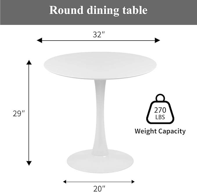 32" White Round Dining Table Set of 2, Mid-Century Modern Circular Tulip Table with Thickened Top & Sturdy Metal Pedestal, Small Round Bistro Kitchen Table for for 4 People, Easy Assembly
