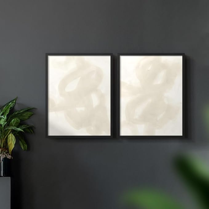 Renditions Gallery Set of 2 Peel & Stick Framed Prints, Abstract Wall Art, Beige and White Aesthetic Wall Decor, Re-Stickable - Ready to Hang - 8"x10" - Black Frame LT588