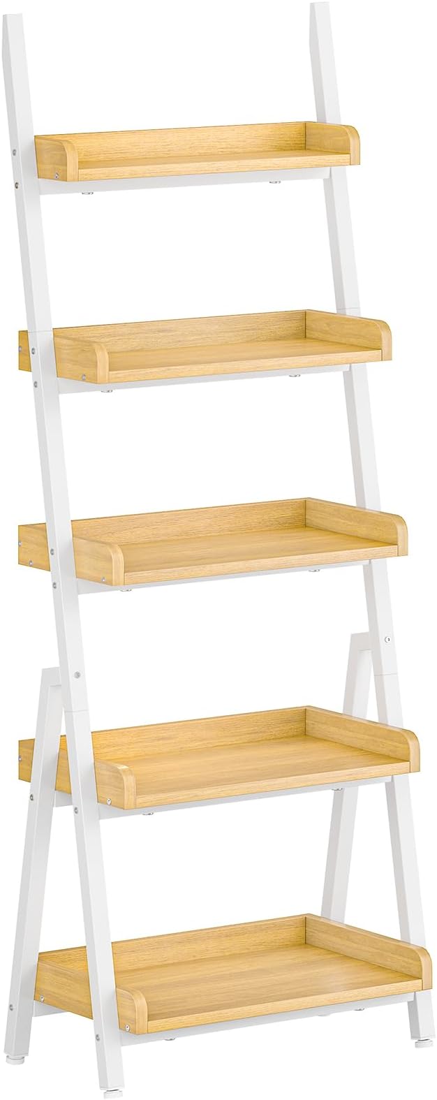 HOOBRO Small Bookcase, Ladder Shelf, 5-Tier Wall-Leaning Shelf, Freestanding Storage Rack, Display Stand, for Living Room, Home Office, Balcony, Bedroom, White and Natural WN151CJ01