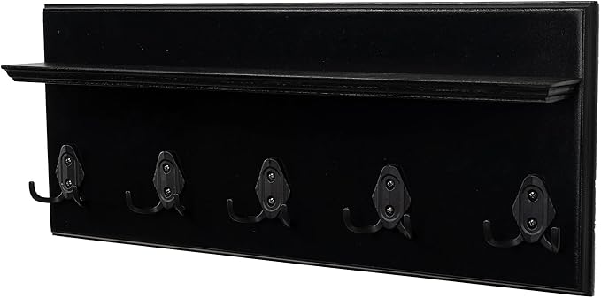 Rustic Wall Mounted Coat Rack with Shelf Wooden Entryway Organizer with 5 Metal Hooks for Coats Hats Towels Keys Floating Storage Shelf for Bathroom Bedroom (Black, 24 inch (5 Hooks))