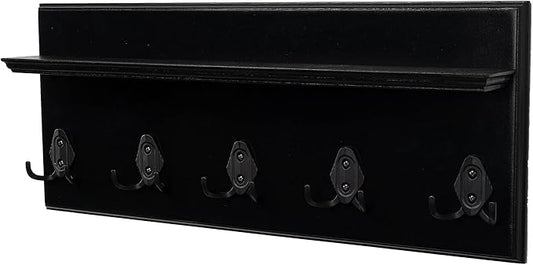 Rustic Wall Mounted Coat Rack with Shelf Wooden Entryway Organizer with 5 Metal Hooks for Coats Hats Towels Keys Floating Storage Shelf for Bathroom Bedroom (Black, 20 inch (4 Hooks))