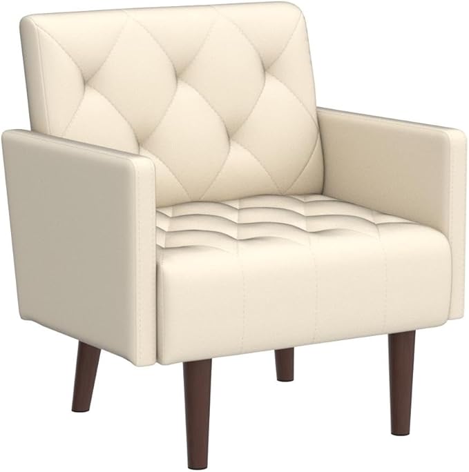 Faux Leather Accent Chair, Modern Retro Arm Chair for Living Room and Bedroom Tufted Upholstered Sofa Club Chair Comfy Armchair for Small Spaces Bedroom Office (Beige)