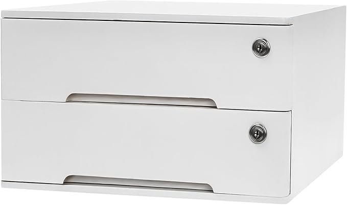 Desktop File Organizer with Lock, 2/3/4 Tier Multi-Drawer Wooden Storage Cabinet, Office Supply Organizer for Home Desk, Study & Workplace (White, 2 Layers)