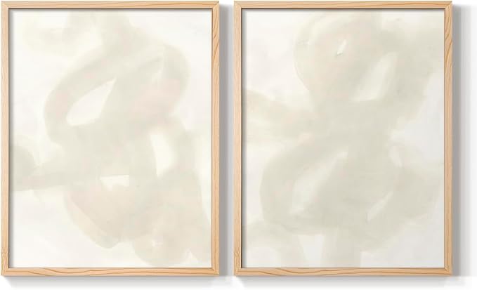 Renditions Gallery Set of 2 Peel & Stick Framed Prints, Abstract Wall Art, Beige and White Aesthetic Wall Decor, Re-Stickable - Ready to Hang - 11"x14" - NATURAL WOOD Frame LT588