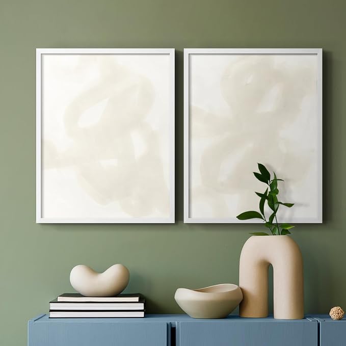 Renditions Gallery Set of 2 Peel & Stick Framed Prints, Abstract Wall Art, Beige and White Aesthetic Wall Decor, Re-Stickable - Ready to Hang - 22"x28" - White Frame LT588