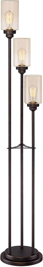 Franklin Iron Works Libby Modern Industrial Tree Floor Lamp Standing with USB Charging Port 66" Tall Oiled Bronze Metal 3-Light Amber Seedy Glass for Living Room Reading Bedroom Office House Home
