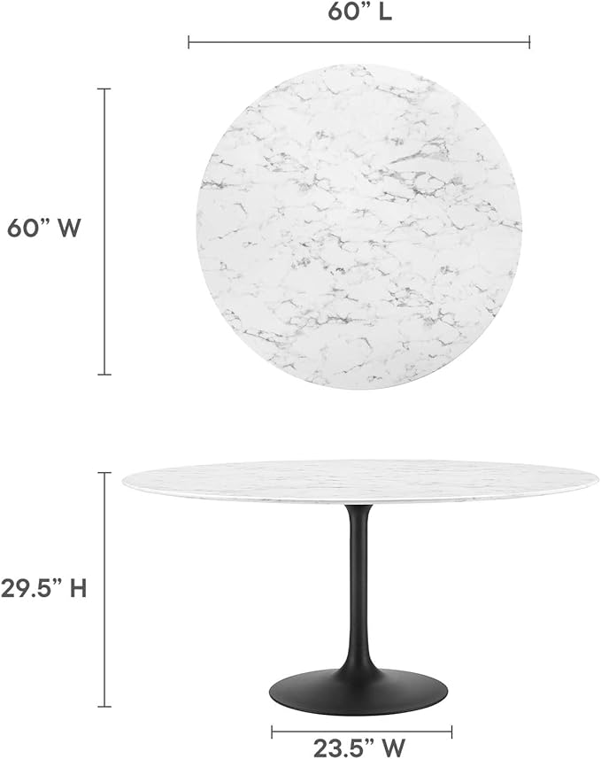 Modway Lippa Round 60" Mid-Century Modern Artificial Marble Dining Table in Black White