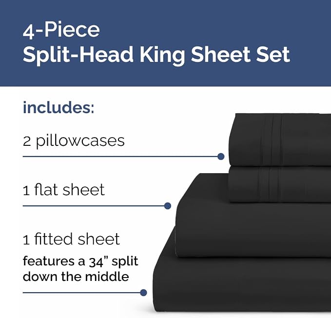 Flex Top Split Head King 4 Piece Sheet Set - Ultra-Soft, Breathable & Cooling Bed Sheets Set - Hotel Luxury Bedding for Women & Men with Deep Pockets - Wrinkle Free & Fade Resistant - Oeko-Tex - Black