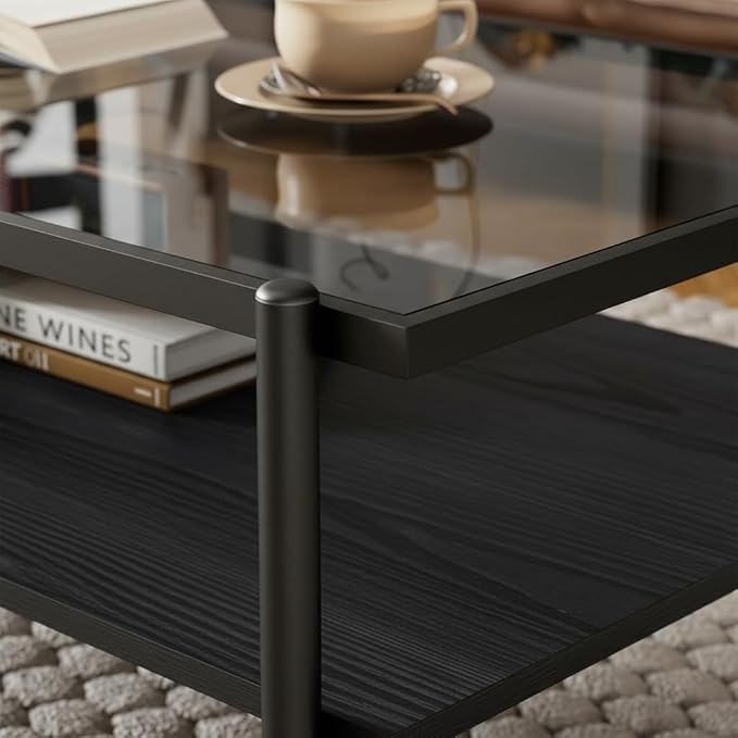 Mid Century Modern 2-Tier Coffee Table with Gray Tempered Glass Top & Wood Storage Shelf – Space-Saving Center Table for Living Room, Apartment & Small Spaces (Black)