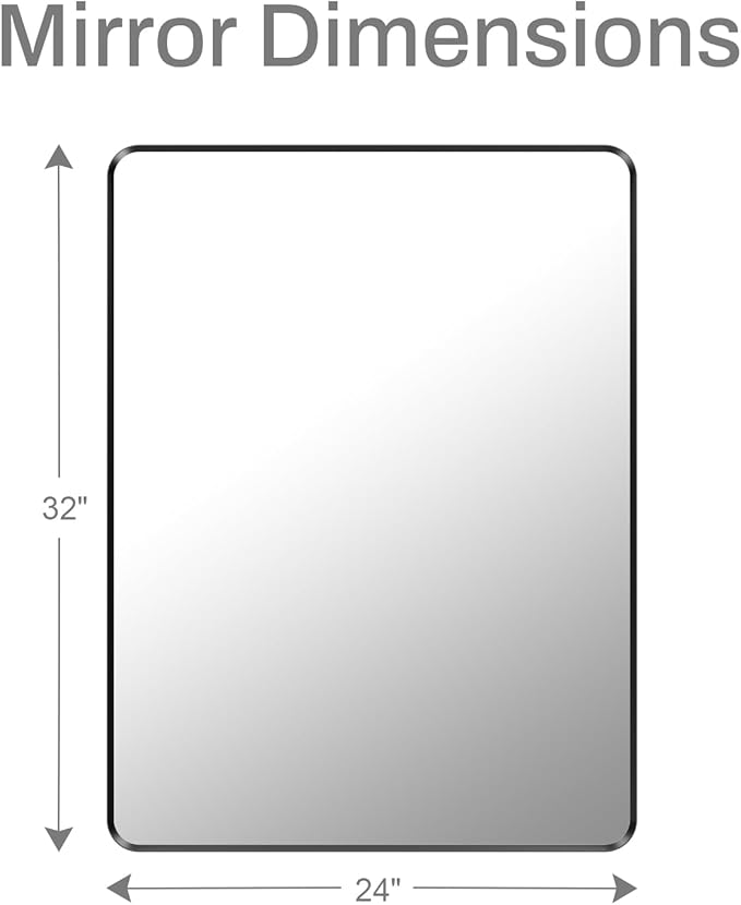 Black Bathroom Mirror 24x32 inch, Rounded Rectangle Metal Framed Vanity Wall Mirror, HD Tempered Glass, Horizontal or Vertical Hanging