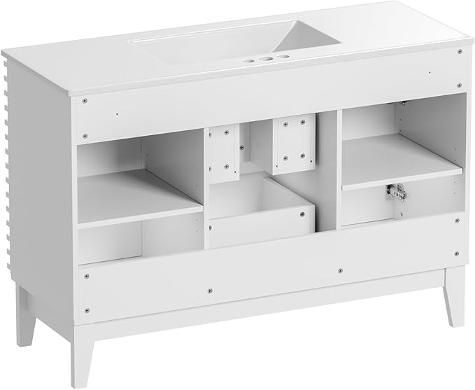 ROOMTEC 48" Bathroom Vanity with Sink, Mid-Century Freestanding Bathroom Vanity Sink with Storage, Undermount Ceramic Sink, Cabinet Particleboard Frame with Wood Grain Laminate, White