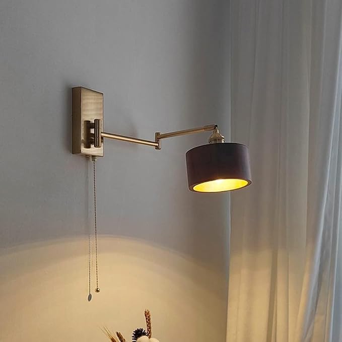 Retro Swing Arm Wall Lamp with Pull-Down Switch, Wooden Cylindrical Shade, Adjustable Lighting for Living Room, Bedroom, Study