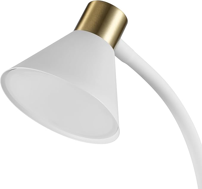 Globe Electric 62000035 15" LED Integrated Desk Lamp, Matte White, Brass Accent, Adjustable Gooseneck, Dimmable, 3 Color Temperature, 7.5W, 90 CRI, 400 Lumens, Reading Light, Dorm Room Essentials
