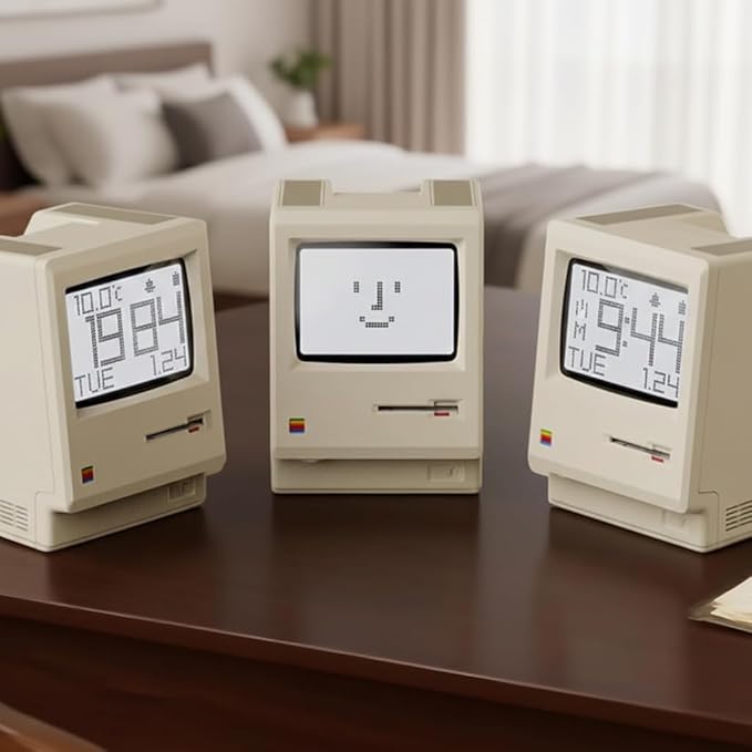 OIJ Maclock Retro Pixel Alarm Clock, 1984 Computer-Inspired USB Desk Clock with Pixel Display, Multiple Alarms, Adjustable Brightness, Calendar, Temperature