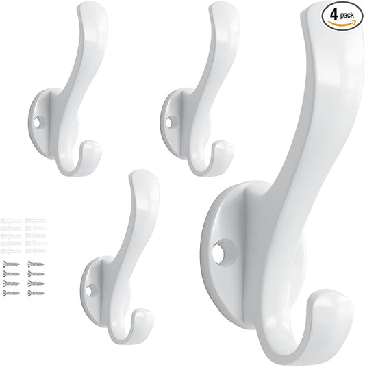 Coat Hooks Heavy Duty - Easy to Install Metal Towel Hooks Screw-in Wall Hooks for Hanging Hat, Towel, Key, Robe, Scarf, Bag, Cap (4 PCS White)