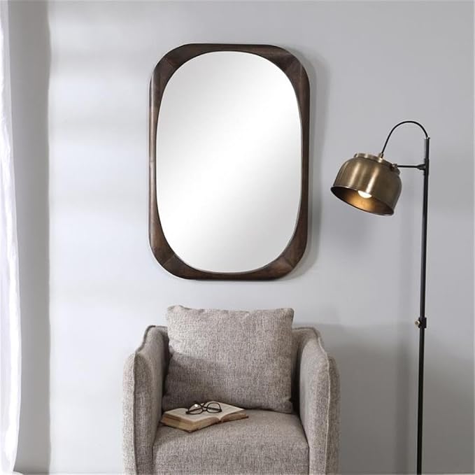 Allora Mid-Century Accent Mirror, 38" H x 26" W, Rubber Wood Frame, Dark Walnut Finish, Rounded Edges, Minimal Modern Design for Horizontal or Vertical Wall Hanging