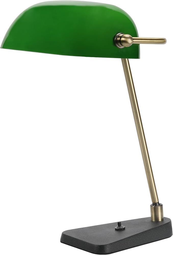 Green Bankers Desk Lamp, Antique Brass Frame & Black Base | 2.9lb Heavy Duty Cast Iron Base, 30° Swivel Head, Push Button Switch, Classic Decor for Home & Office