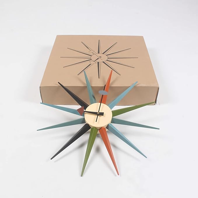 SHISEDECO Modern Sunburst Clock in Multicolor, Non Ticking Wooden Mid Century Retro Design Decorative Silent Wall Quartz Clocks for Home, Living Room, Office and Bedroom etc.