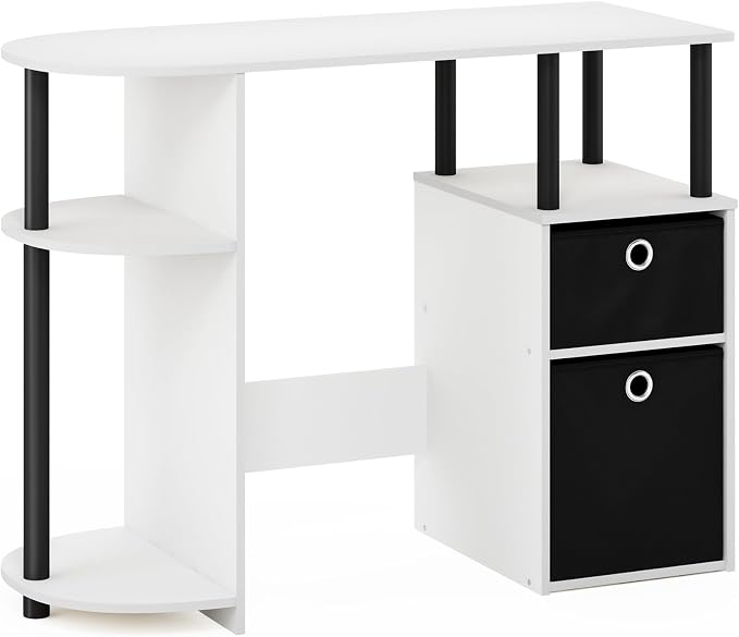Furinno Jaya Desk, 38.4" Wide Gaming Desk with Bin Drawers, Computer Desk with Side Shelf, Office Desk for Study, Home Office, Bedroom, Dorm, Study Room, White