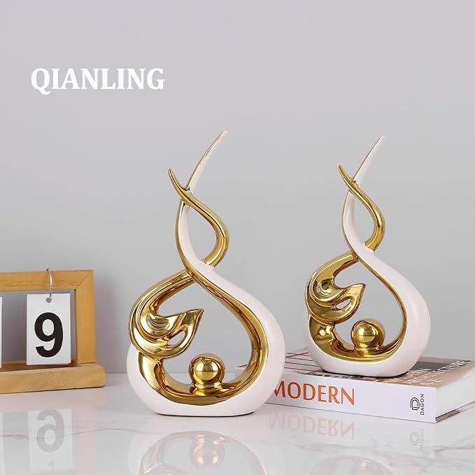 QIANLING Home Decor Modern Abstract Art Ceramic Statue - White and Gld Ceramic Sculpture, Dining Table Centerpiece Decor, Decoration for Living Room, Coffee Table, Shelf, Kitchen