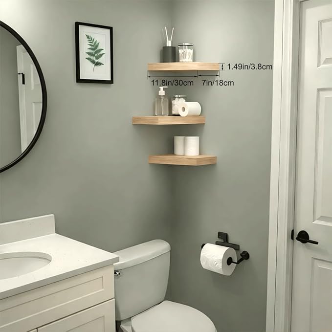 Bathroom Floating Shelves for Wall, Oak Small 11.8" Floating Shelf for Storage, Display Shelf and Farmhouse Rustic Home Decor, Ideal Over Toilet for Bedroom, Kitchen or Living Room, 3-Pack