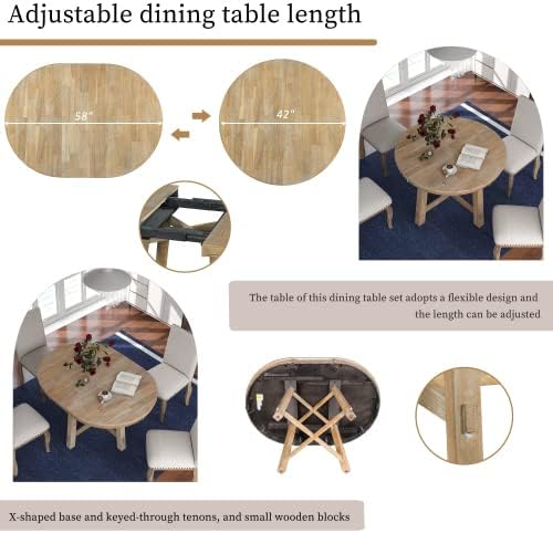 Bellemave 42"-58" Extendable Dining Table for 4-6, Solid Wood Oval Dining Kitchen Table with Removable Leaf, Farmhouse Circle Desk for Kitchen Living Room Space Saving (Natural Wood Wash)