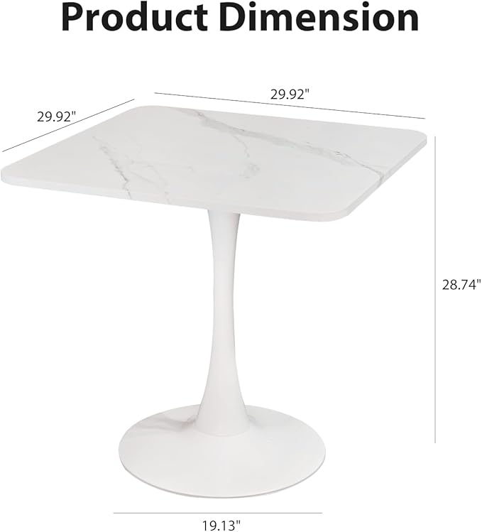 30" Square White Modern Dining Table - Faux Marble Tulip Kitchen Table with Heavy Duty Pedestal Metal Base, Mid-Century Bistro Table for Small Spaces, Apartment, Dining Room, 2-4 People