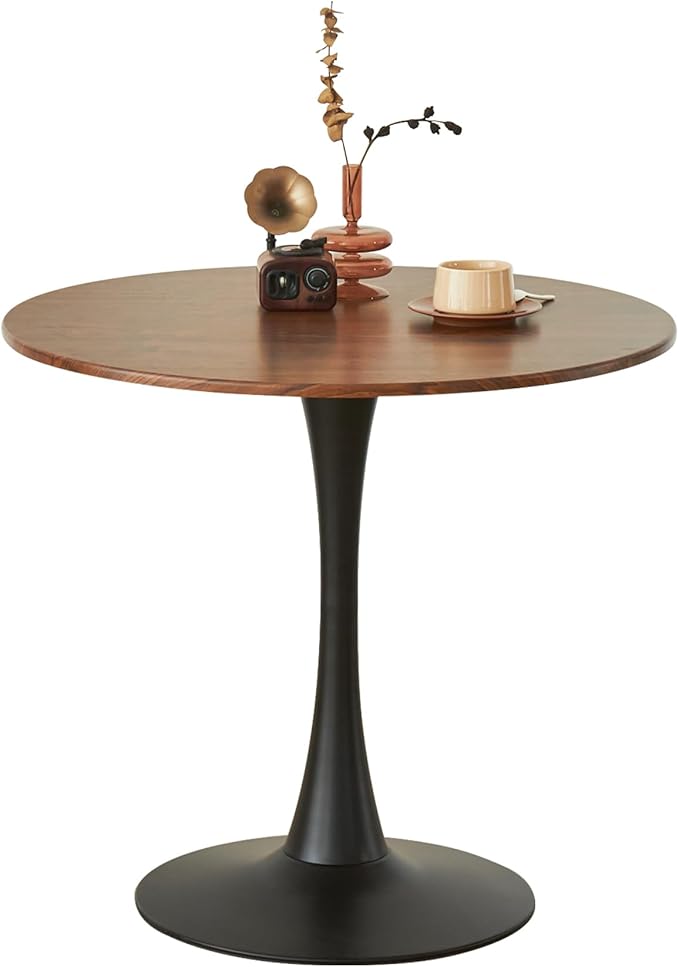 Round Dining Tulip Table for 4, Mid-Century Modern Table with Sturdy Metal Pedestal for Kitchen, Bistro, Cafe, Leisure (Faux Walnut, 31.5 INCH)