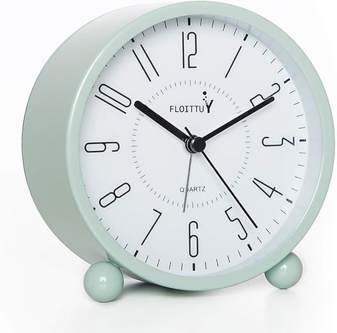 FLOITTUY Super Silent Metal Alarm Clock,Beep Wake Round Alarm Clock with Night Light,Battery Operated,Easy Set,Simple & Retro for Desk, Bedroom and Home Decoration(Green)