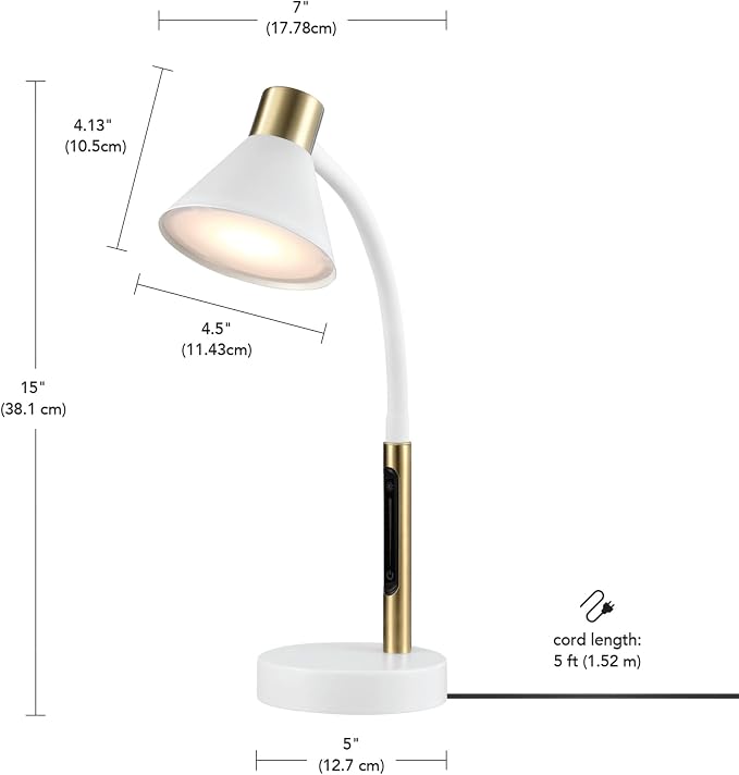 Globe Electric 62000035 15" LED Integrated Desk Lamp, Matte White, Brass Accent, Adjustable Gooseneck, Dimmable, 3 Color Temperature, 7.5W, 90 CRI, 400 Lumens, Reading Light, Dorm Room Essentials