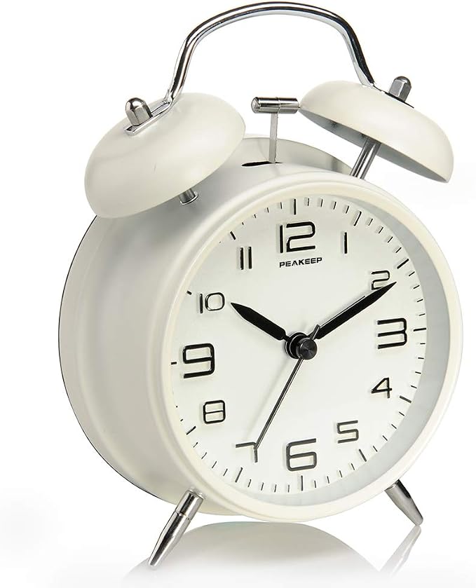 Peakeep 4 Inches Twin Bell Loud Alarm Clock for Heavy Sleepers, Backlight, Battery Operated Old Fashioned Alarm Clock for Bedrooms (3D-Dial, White)