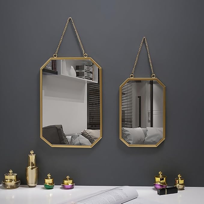 Gold Mirrors for Wall - 2pcs/Set Metal Hexagon Mirror Room Decor & Home Decor Decorative Hanging Boho Mirror Wall Decor for Bedroom Living Room Entryway (Square)