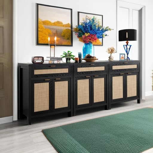 SICOTAS Sideboard Buffet Storage Cabinet Set of 3, Rattan Credenza Buffet Table, Modern Console Accent Cabinet with Doors and Drawer, Coffee Bar for Kitchen Entryway Living Room, Black