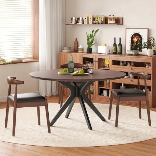Bellemave Round Dining Table for 4-6, Solid Wood 47" Kitchen Table with Intersecting Pedestal Base, for Kitchen, Dining Room, Living Room (Walnut+Black)